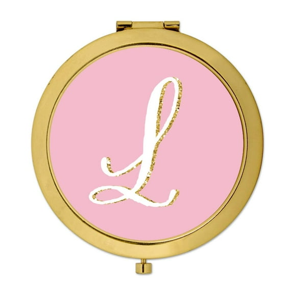 Koyal Wholesale Gold Compact Mirror Bridesmaid's Wedding Gift, Blush Pink Faux Gold Glitter, Monogram Letter L, 1-Pack