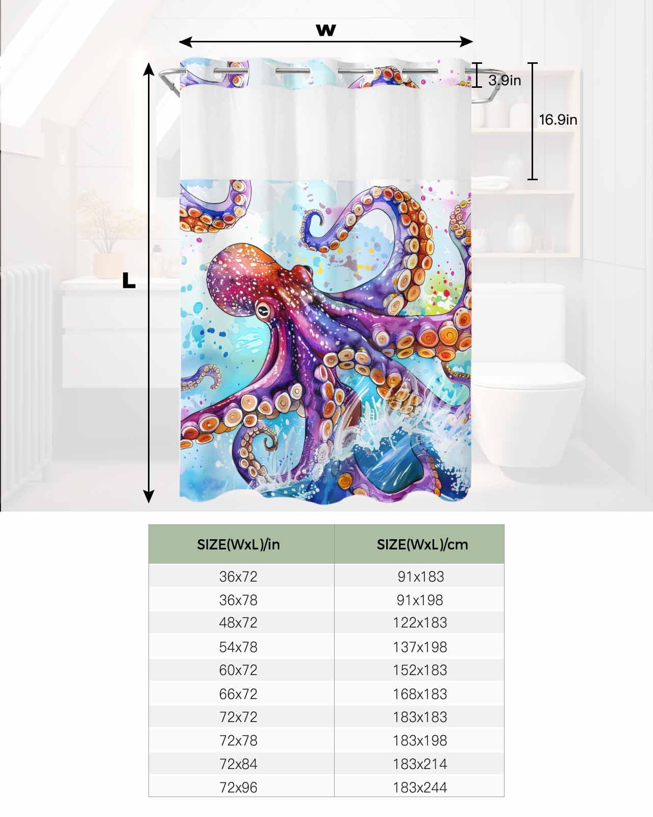 No Hook Shower Curtain with Snap in Liner, Watercolor Summer Ocean Octopus with Ocean Wave Hotel Shower Curtains for Bathroom, Washable Shower Curtain Liner Set with Mesh Top Window, 72"x84"