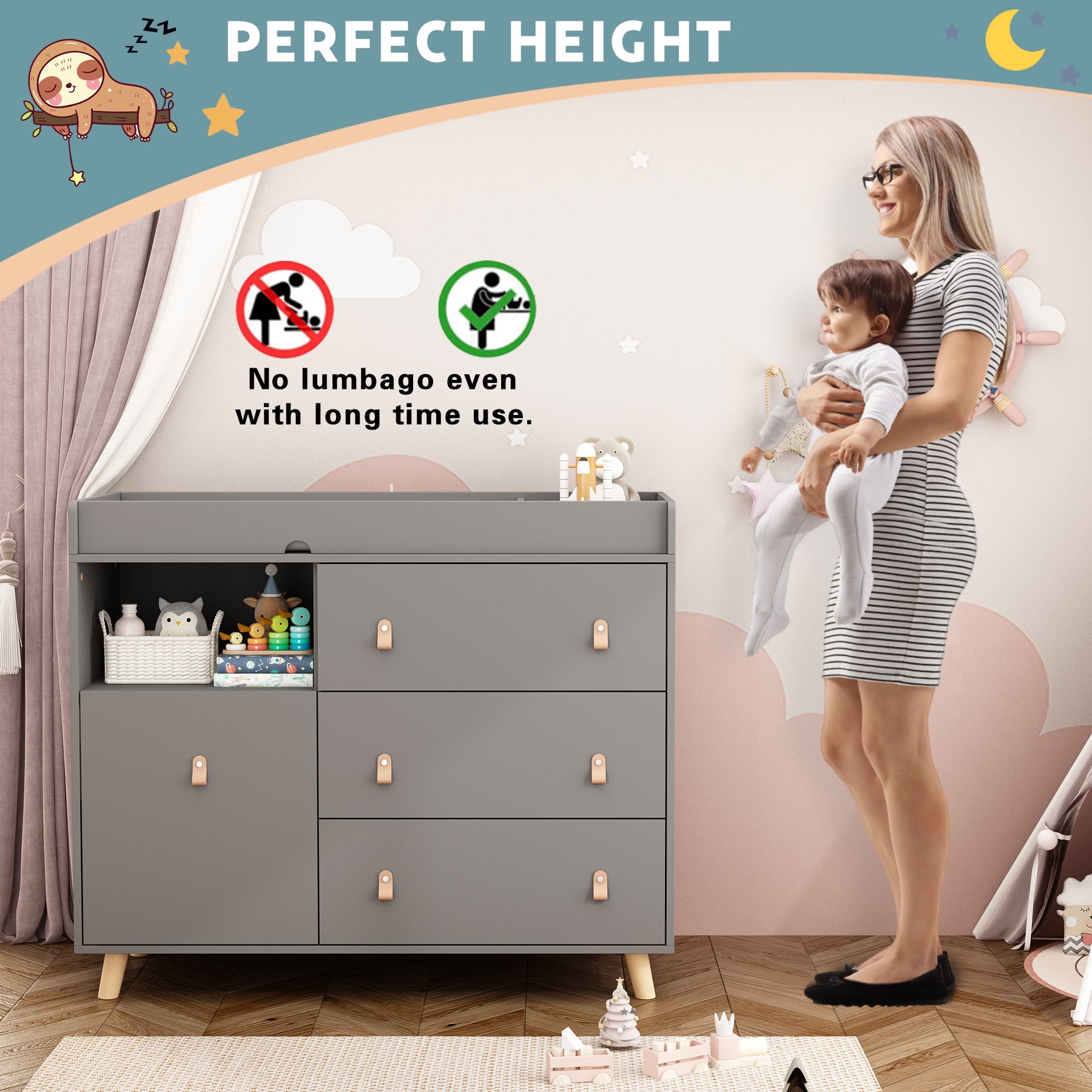 Oxylife Baby Nursery Changing Table Dresser with 3 Drawers and Shelf, Gray