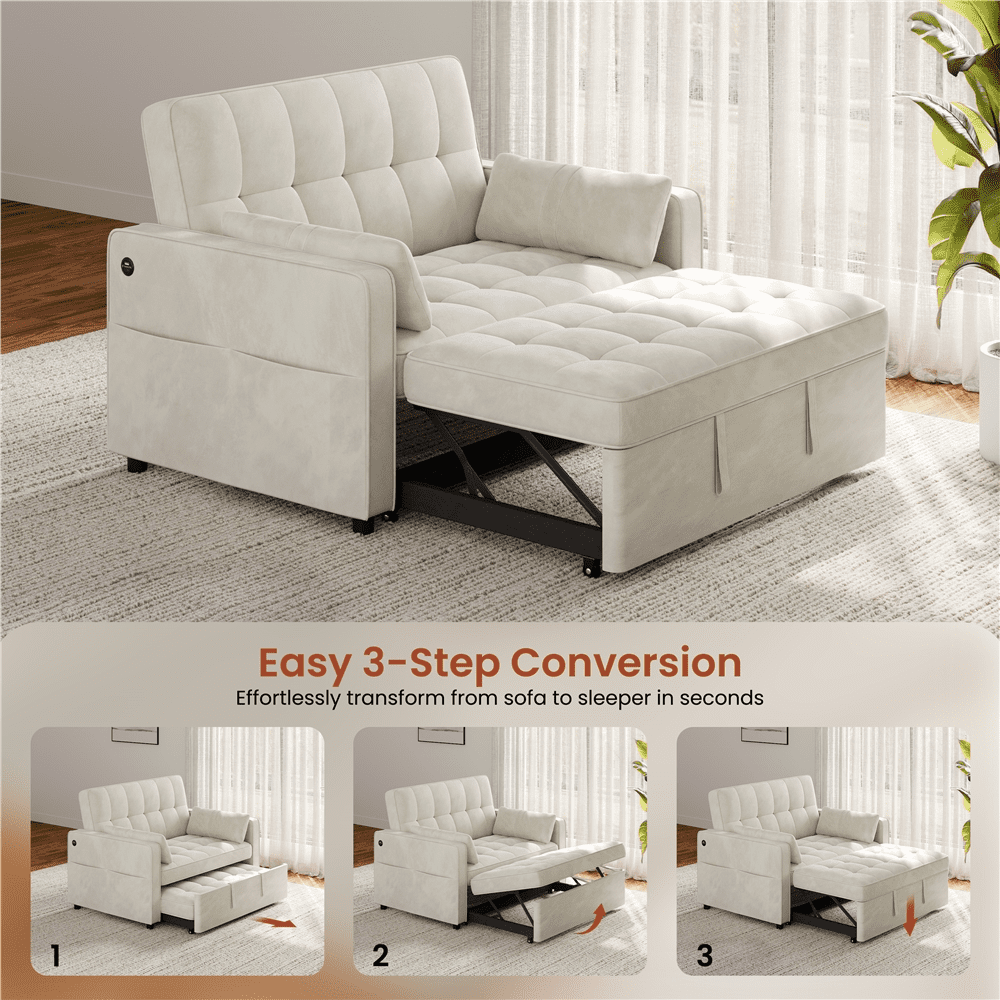 Renwick Convertible Sleeper Sofa Bed 3-in-1  Pull Out Couch Velvet Loveseat Couch with Adjustable Backrest, USB Ports, Side Pockets and Pillows for Living Room Bedroom, Beige