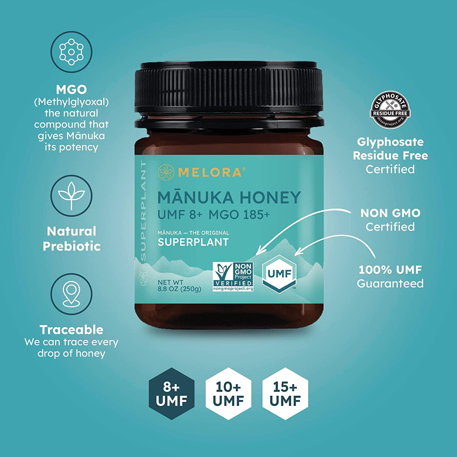 "Melora Honey Manuka Umf8 Sq Btl, Case of 1 X 12 Oz"