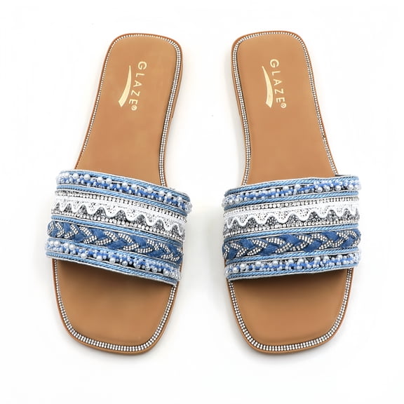 GJPBGK Women's Pearl Beaded Slide Sandals Casual Summer Flat Sandals Fashion Embellished Slip-On Sandals Comfortable Open Toe Slippers for Beach Travel & Everyday Wear