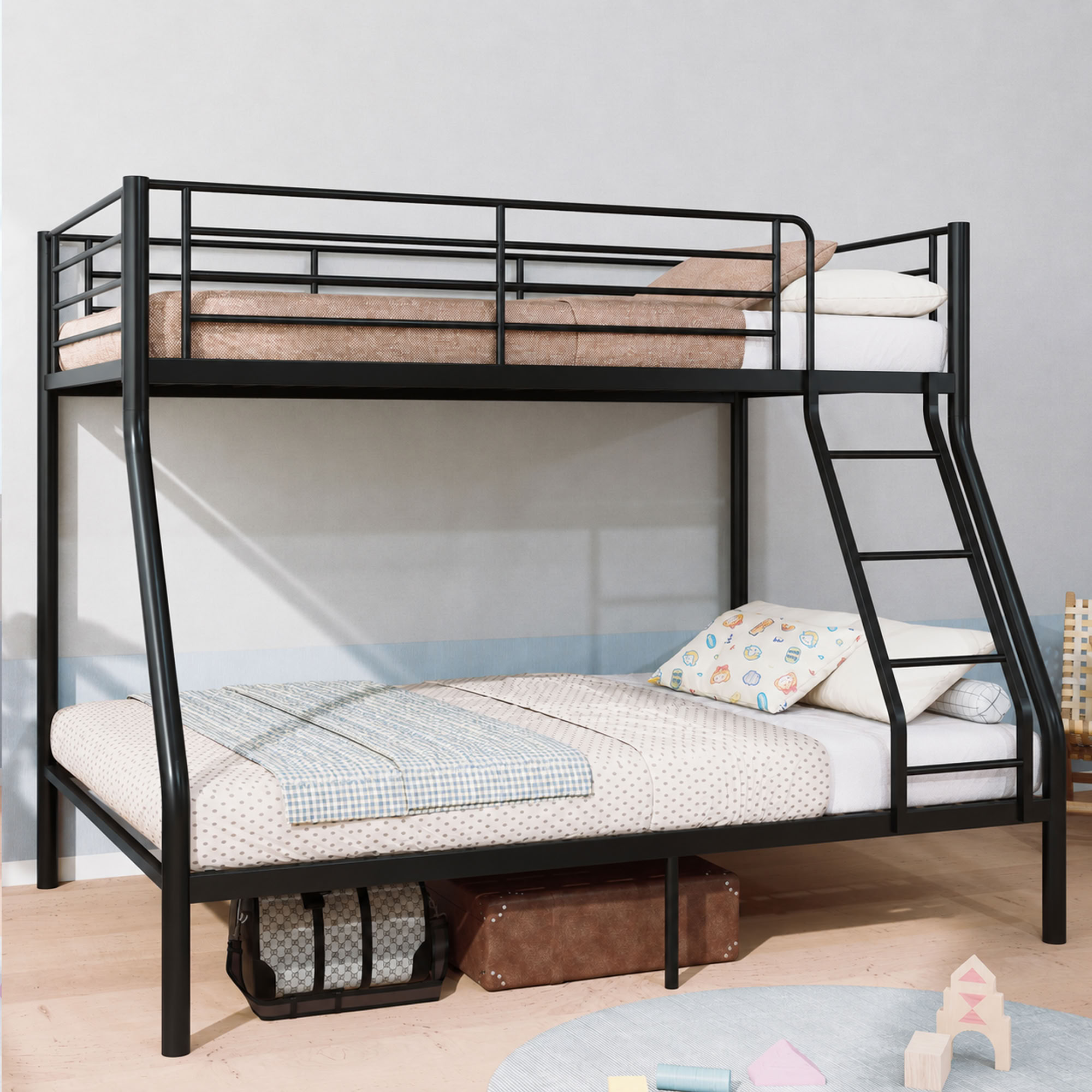 MAYEERTY Twin Over Full Heavy Duty Metal Bunk Bed, 990 lbs Capacity Frame with Guardrails for Kids Teens Adults Dorm Room, Black