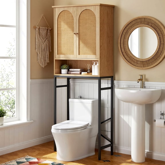 Conate Rattan Over The Toilet Storage Cabinet, Bathroom Storage Cabient with Rattan Doors, Metal Legs and Adjustable Shelf, Bathroom Storage Shelf Organizer, Natural