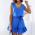 thumbnail image 1 of Gspmoly Robes d'Été pour Femmes, Mode Été Femmes Été Col en V Couleur Unie Volants Sans Manches Taille Élastique Robe (Ceinture Incluse) Robes de Vacances pour Femmes Liquidation, 1 of 6