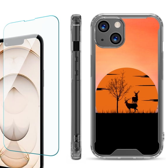 Shockproof Bumper Phone Case for iPhone 13, with Tempered Glass Screen Protector, by OneToughShield ® - Sunset Deer
