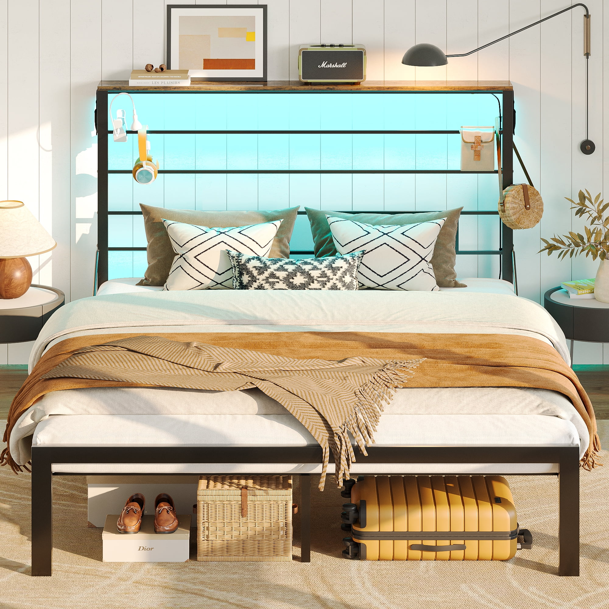 Bestier Queen Size Bed Frame with 49.2" High LED Storage Headboard Shelf, Metal Platform Bed, Black