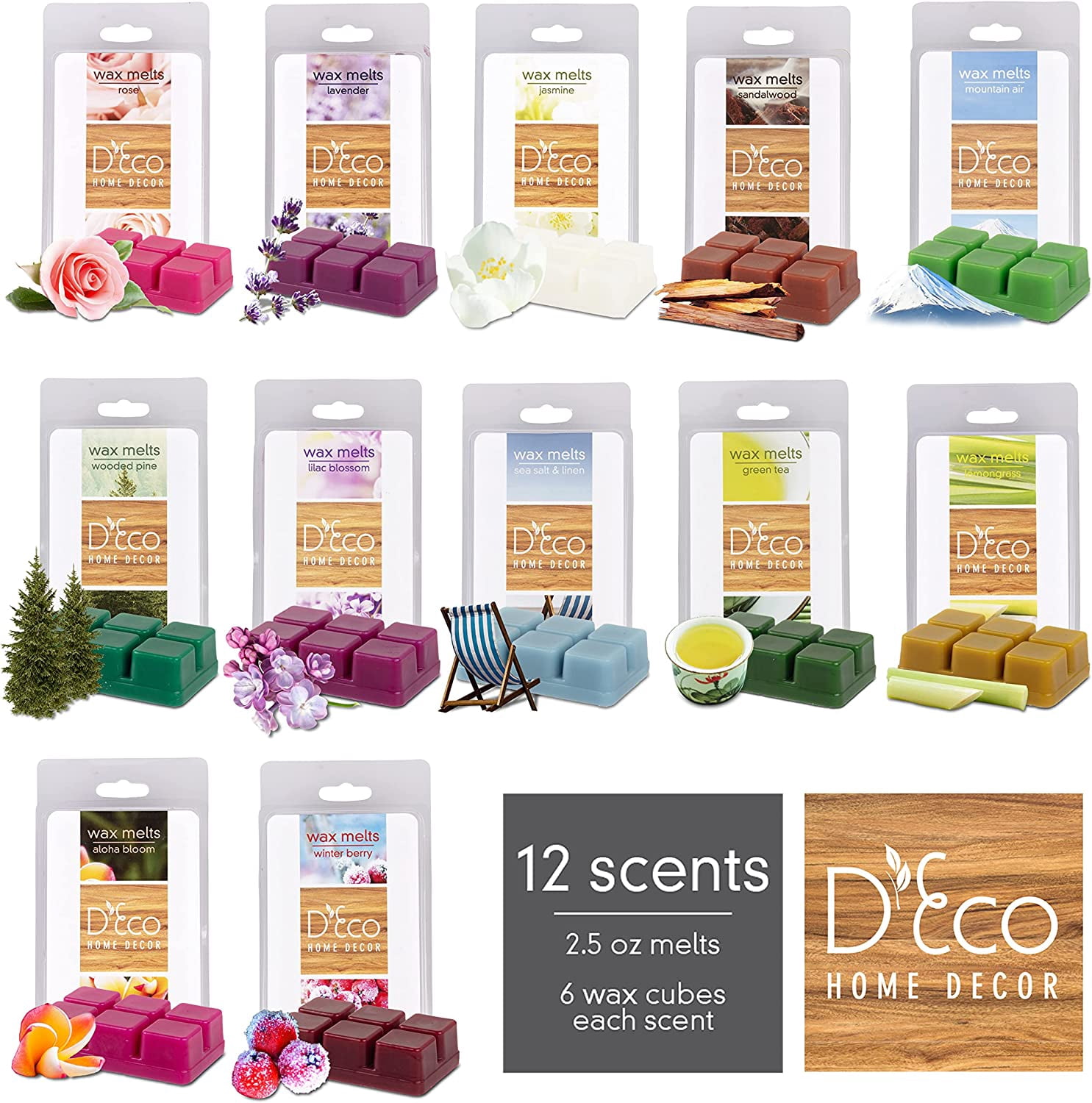 Spring Florals Scented Wax Melts Variety Set -12 Assorted 6pc Cube Sets for Electric Candle Warmer (2.5oz ea)- Rose, Lavender, Jasmine, Lilac, Linen, Green Tea, Berry, Mountain Air- Great Gift