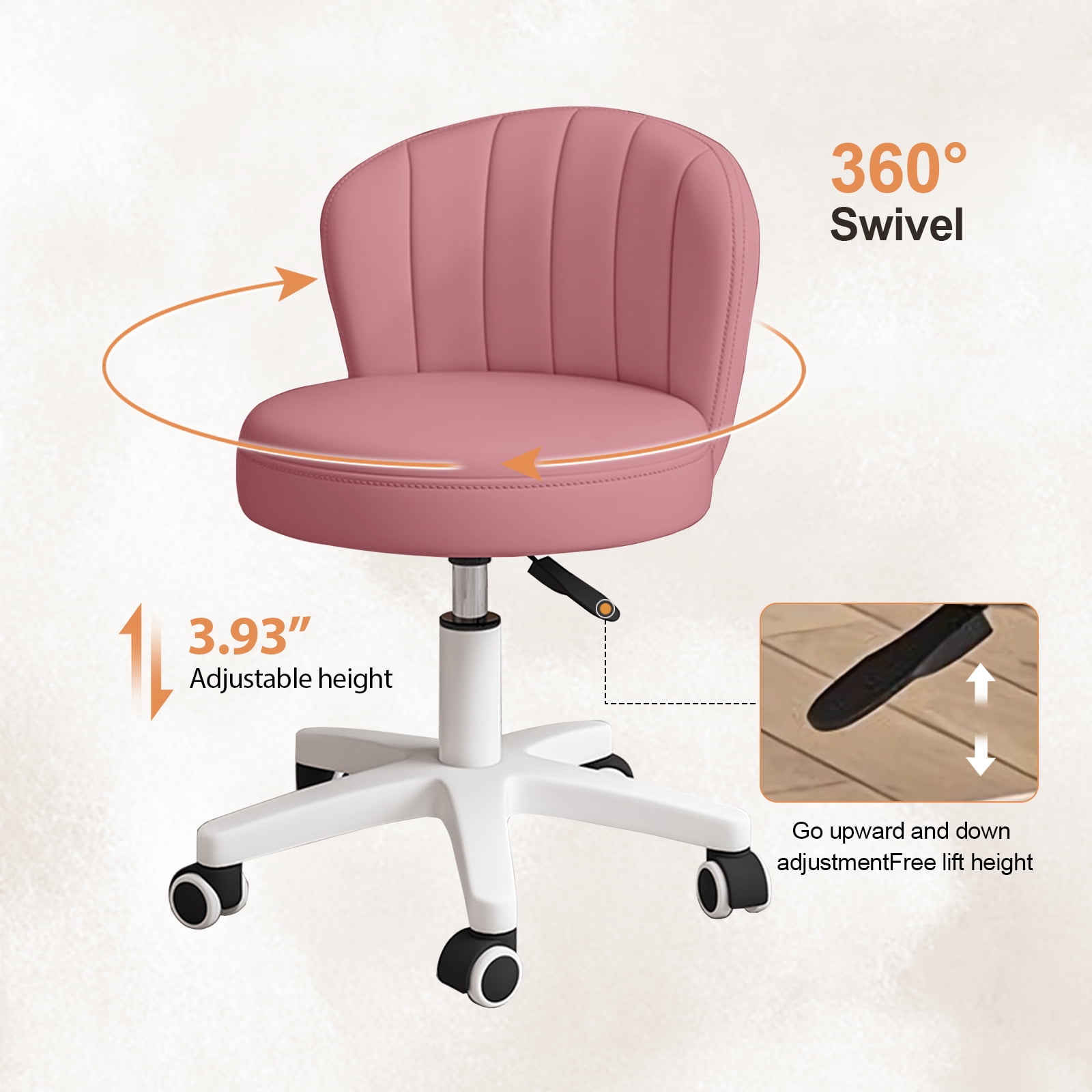 Small Round Rolling Chair with Back PU Leather Height Adjustable，Swivel Vanity Work Computer Stool for Girls and Women，Pink
