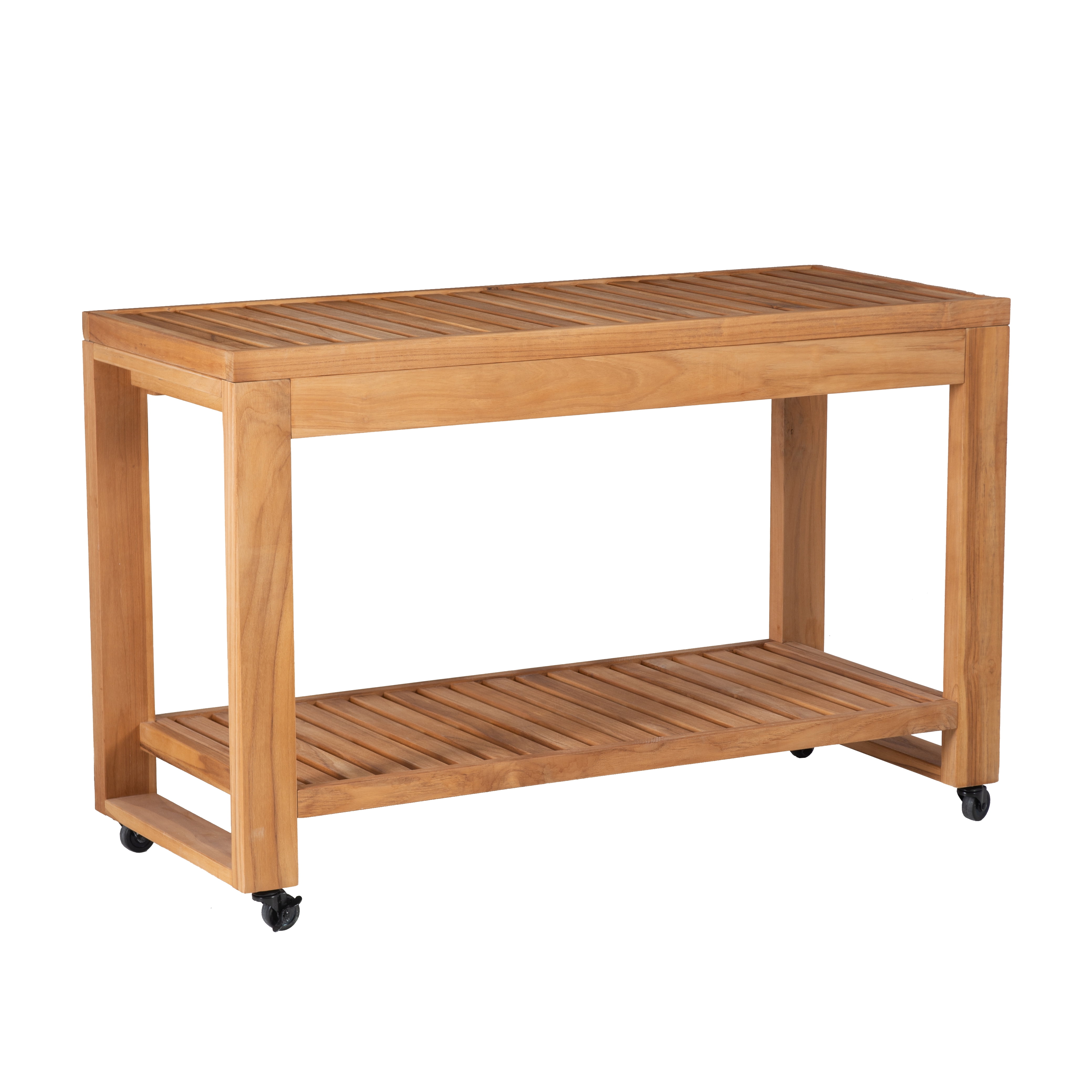 Linon Cormeer Outdoor Island Slatted Surface Teak Kitchen Island Wheels and Locking Casters, Natural