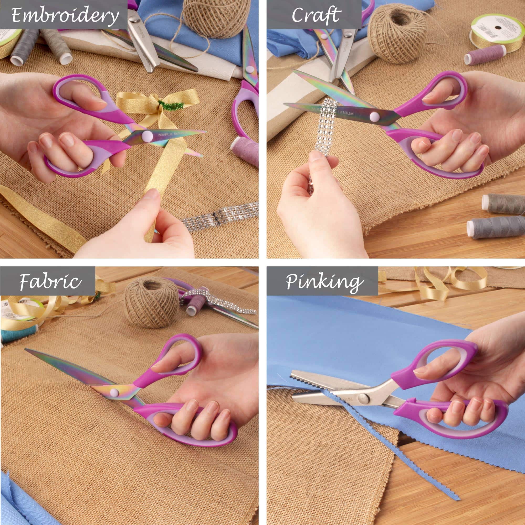 BambooMN Titanium Softgrip Scissors Set - Pinking, Sewing, Arts, Crafts, Office - 1 Set of 4 - Purple