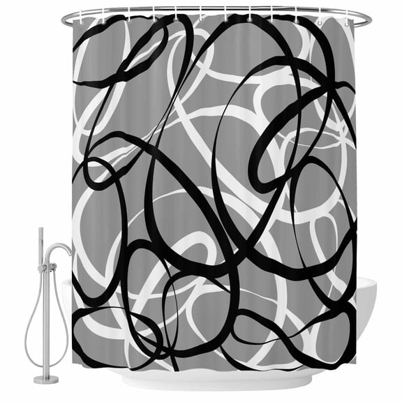 Shower Curtain Grey Black Circle Lines Bathroom Curtains with Hooks, Waterproof Fabric Stripe Modern Abstract Art Bath Shower Curtains Set for Bathroom Bathtubs Decor 36x72 Inch