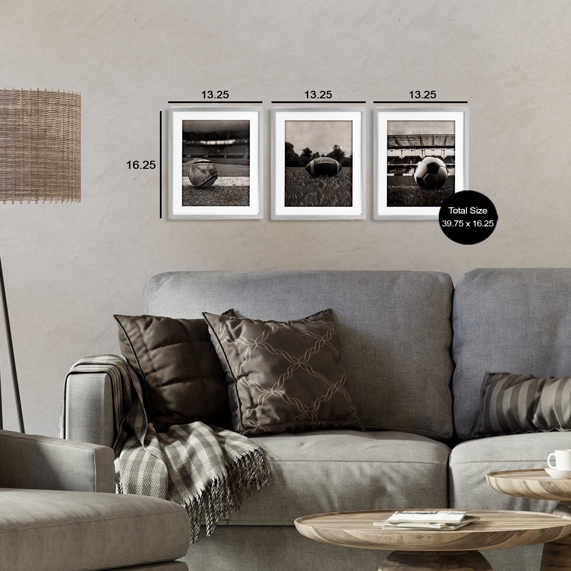 Stupell Industries Vintage Sports on Field 3 Piece Gray Framed Print Under Glass Set, design by Marcus Prime