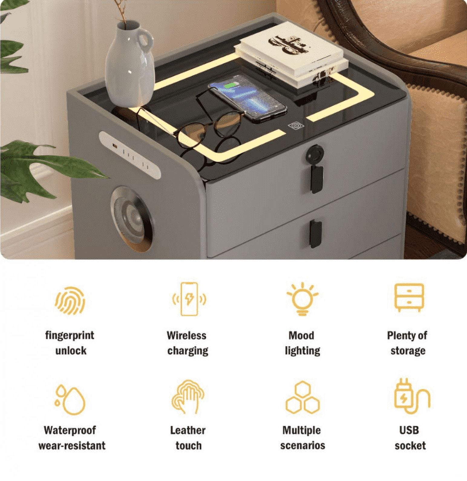 FINE MAKER Modern End Side Table wth Mood Lights & 3 Drawers Bedside Table with Charging Station