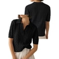 thumbnail image 3 of Women's Cable Knit Sweater Short Sleeve V Neck Soft Casual Pullover Top Solid Color Black L, 3 of 6