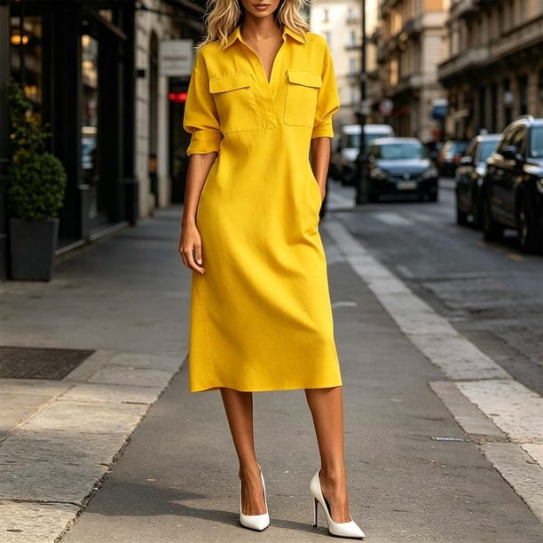 Neewe Womens Plain Lapel Collared 3/4 Sleeve with Pockets Casual Maxi Shirtdress Button Front Casual Dress