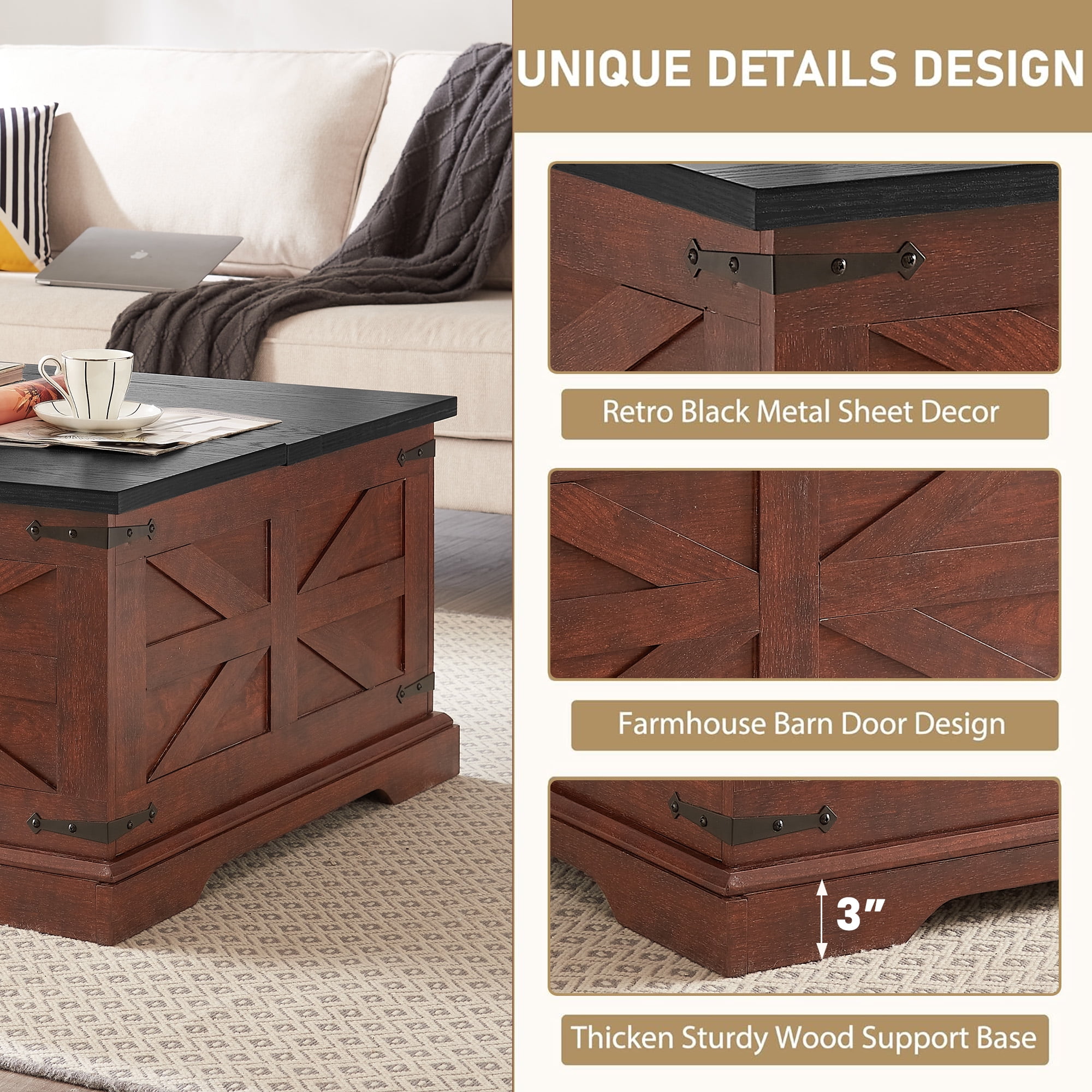 Aukfa Coffee Table, Wood Center Table Cocktail Table with Hidden Storage for Living Room, Brown