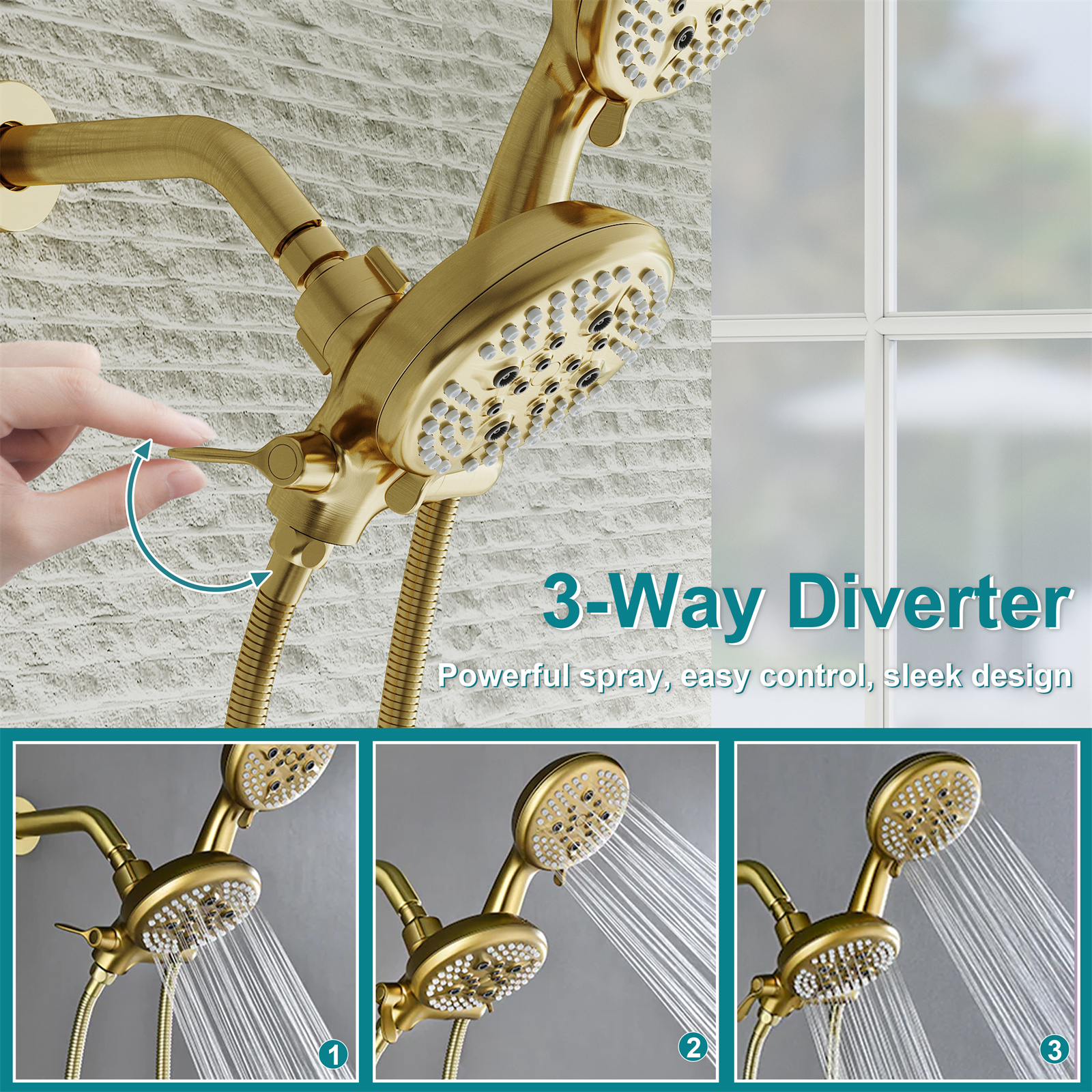 ANGELES HOME Bathtub Shower Faucet Set with Tub Spout, 2-in-1 Dual Shower Head System with Handheld Spray Combo, 5-Mode, Valve Trim Kit, Brushed Gold