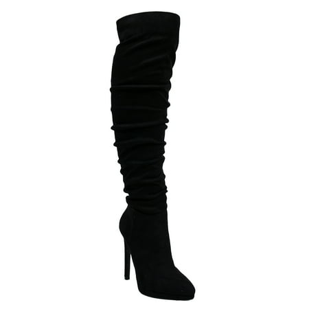 - Ll Gisele-7 Thigh High Stretchy Suede Material Pointy Toe Stiletto Heel Boots Black