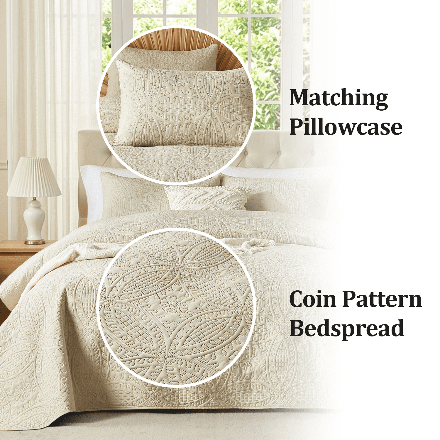 Flymme Quilt for King Beds Beige,3 Piece Soft Lightweight Bedspread with Pillow Sham, Modern Blanket Thin Comforter Bed Cover for Home Bedroom Decor