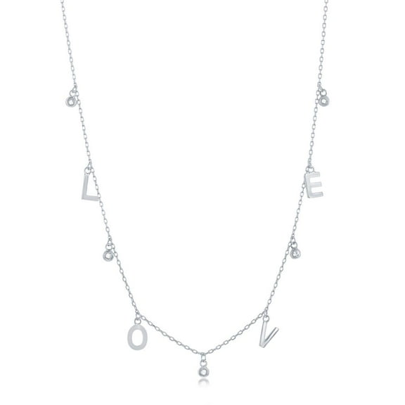 Dangling “LOVE” and Simulated Diamond CZ Bezel Charms 16 2” Necklace | Sterling Silver Jewelry for Women or Teens