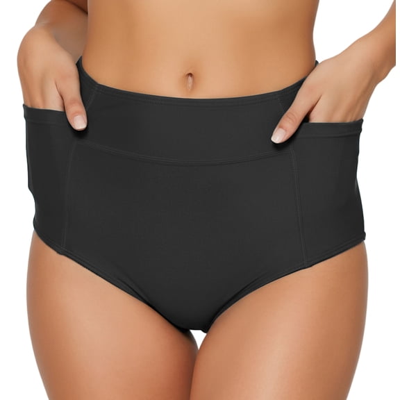 FEOYA Bikini Bottoms for Women Tummy Control Ladies High Waisted Swim Shorts Full Coverage Bathing Suit with Pockets Summer Swimwear for Gym Swimming Active Yoya L Black