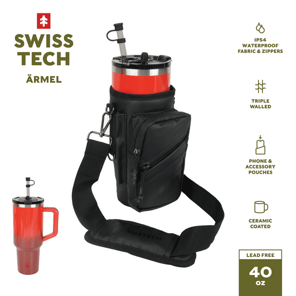 Swiss Tech 40 oz Triple Wall Insulated Tumbler with Ceramic Coating & Travel Bag, Red