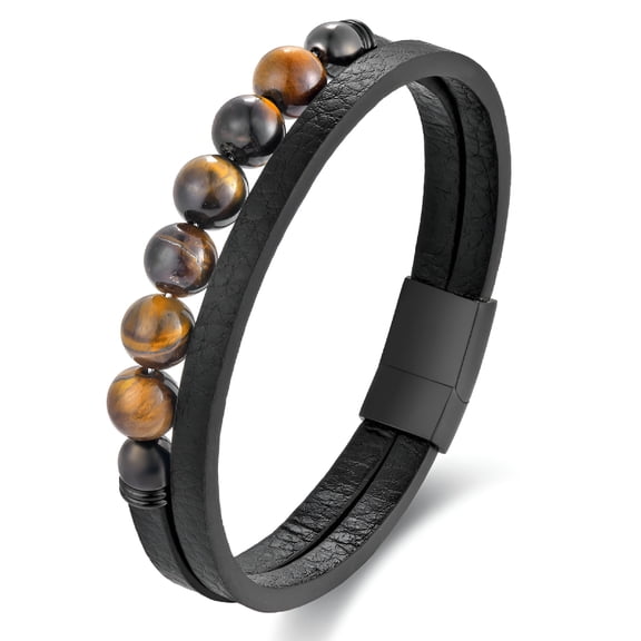 DESIGNICE Genuine Leather Beads Bracelet Men Magnetic Clasp Steel Wristband Braided Cuff Tiger-Eye Beaded Stone Bangle Jewelry Gifts for Him Boys Boyfriend Husband Birthday,8.26 Inch