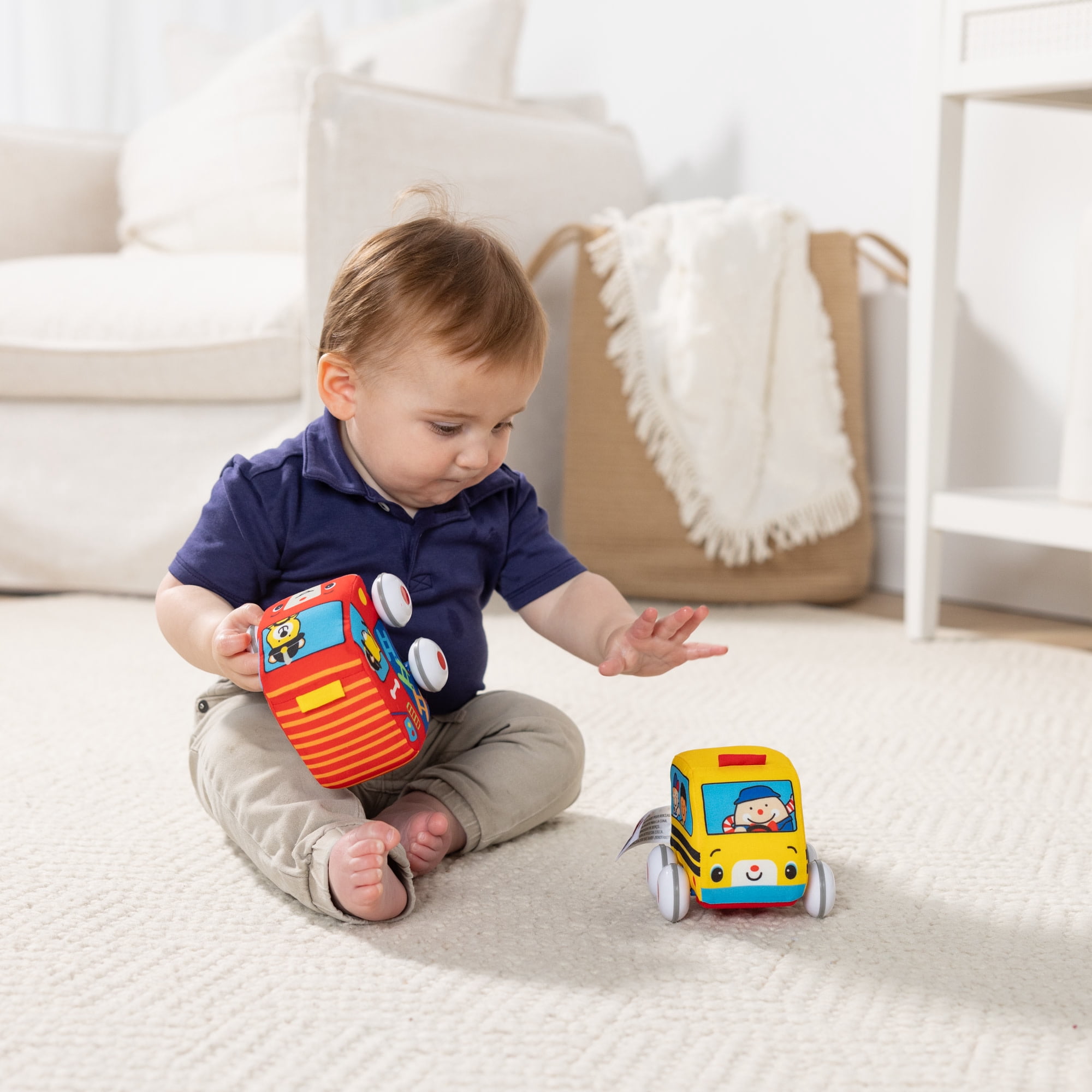 Melissa & Doug K's Kids 2 Pull-Back Vehicles Set - Soft Baby Toy Bus, Fire Engine for Girls, Boys