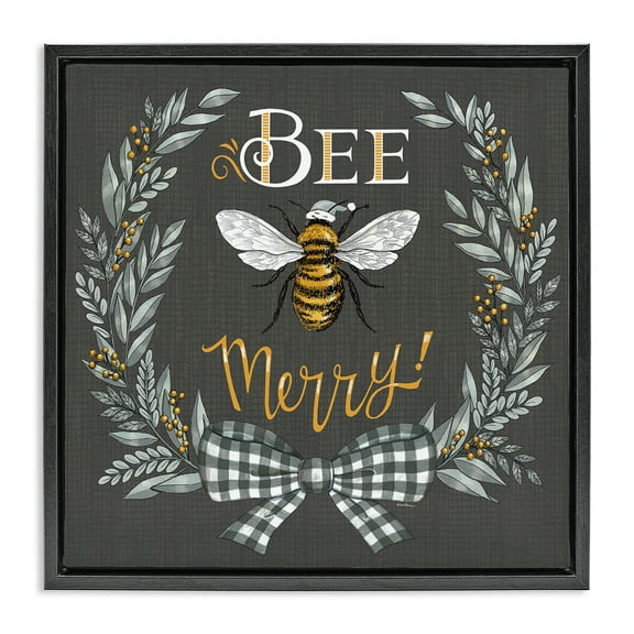 Stupell Industries Bee Merry with Garland Plants & Flowers Painting Black Floater Framed Canvas Art Print Wall Art, 18 x 18