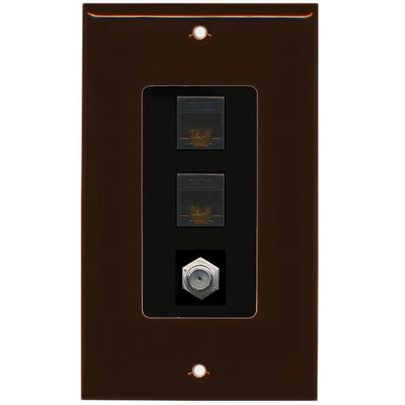 RiteAV Decorative 1 Gang Wall Plate (Brown/Black) 3 Port - 2 x Cat6, 1 x Coax