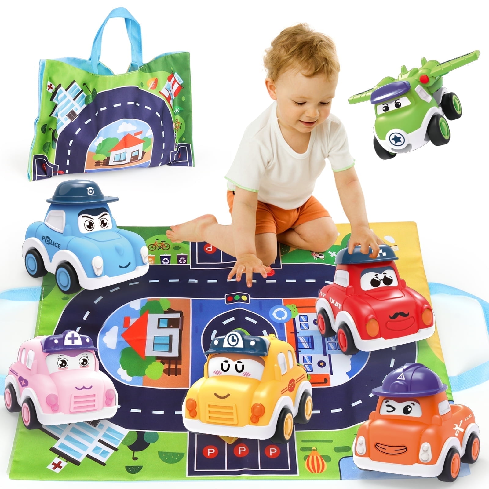 Pull Back Cars for Toddlers 1-3, Vehicles Toy for 1 Year Old Boy,6 Pieces Push and Go Mini Car Set with Playmat Storage Bag,Birthday Present for 1 Year Old Boy