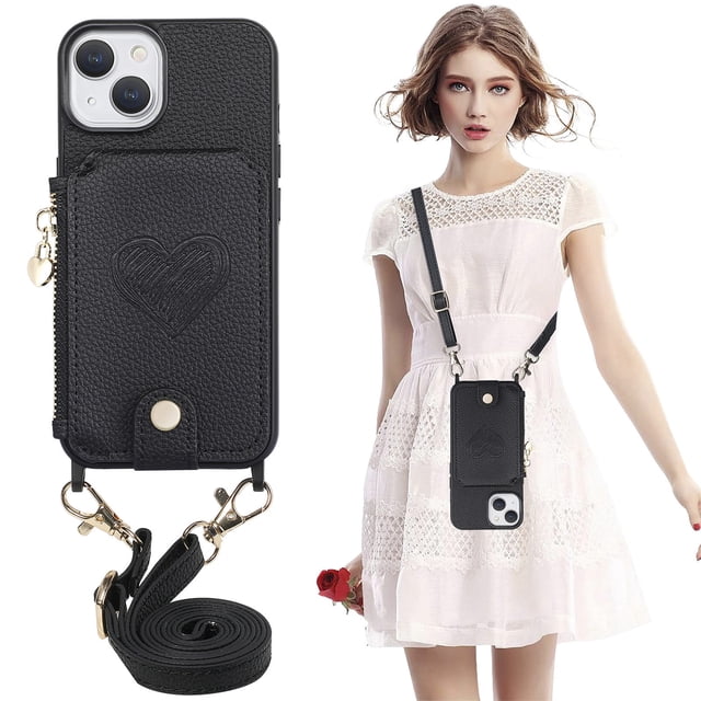 Crossbody Wallet Case for iPhone 13 with Card Holder, Zipper Card Slot Shockproof Purse Cover with Removable Lanyard 6.1 Inch,Gray