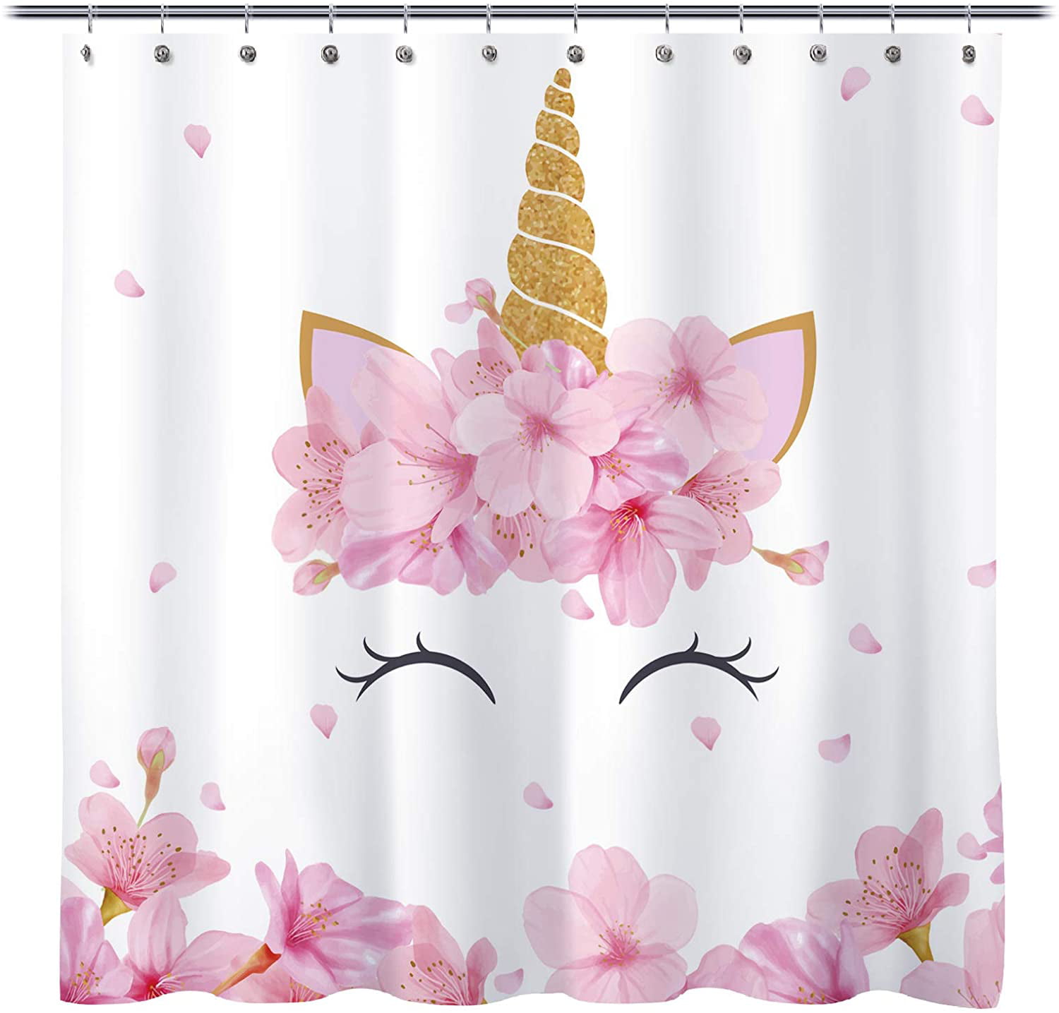 Unicorn With Butterfly On Pink Polyester Fabric Shower Curtain Set Bathroom 71" 
