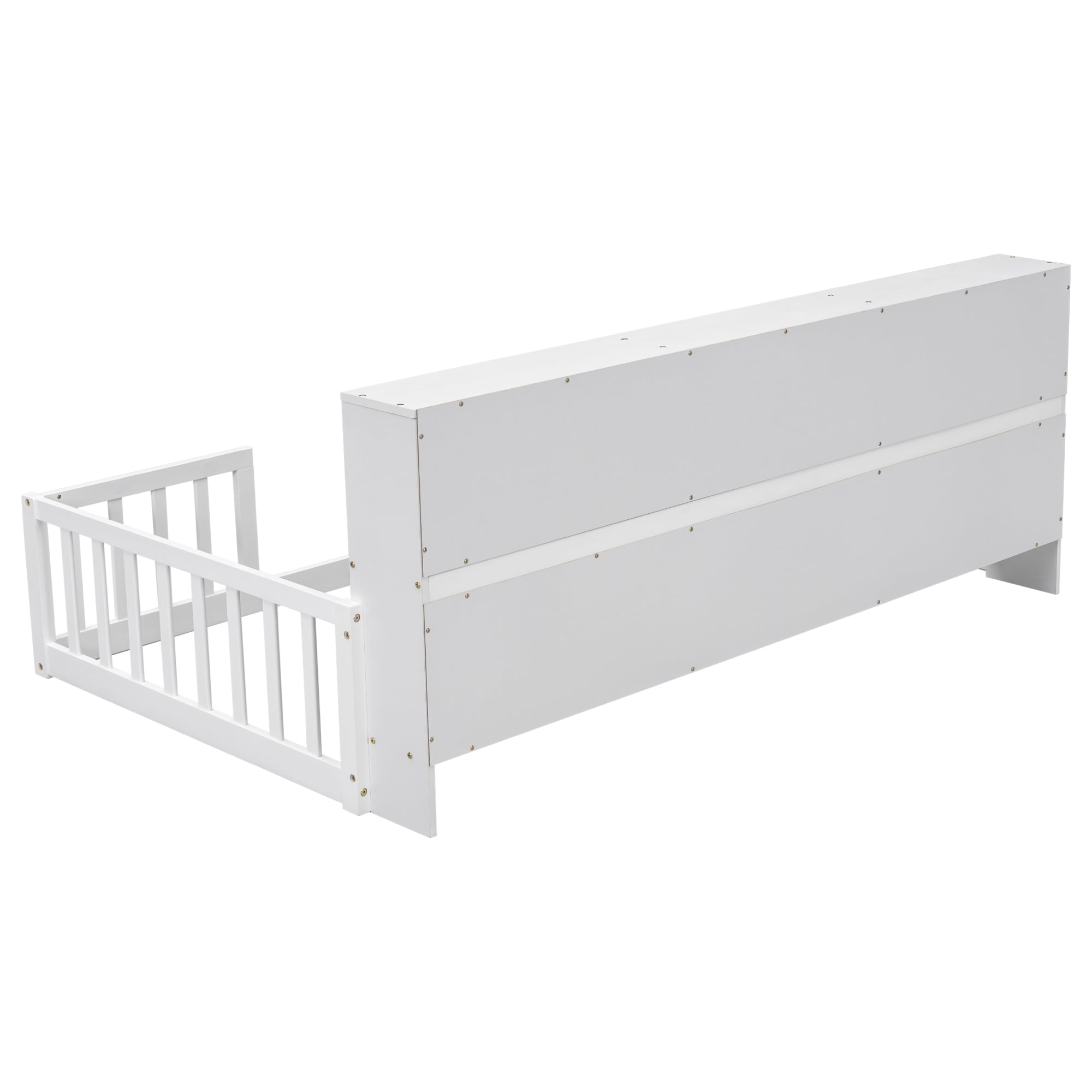 Leumius Twin Floor Bed with Bedside Bookcase,Shelves,Guardrails for Boys Girls White