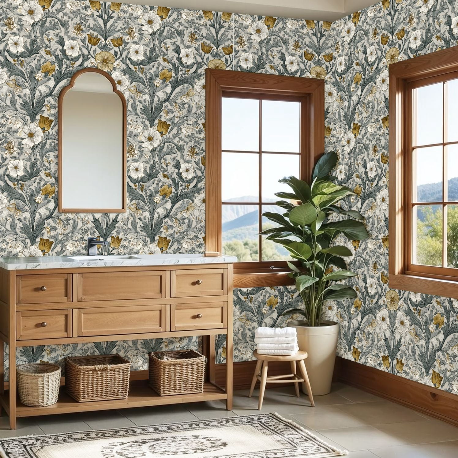 Peel and Stick Wallpaper Botanical Floral Gold White Blooms Soft Gray Wall Mural 23.6in x 9.8ft Self Adhesive Removable Wall Paper Renter Friendly Wallpaper for Girls Women Bedroom Livingroom