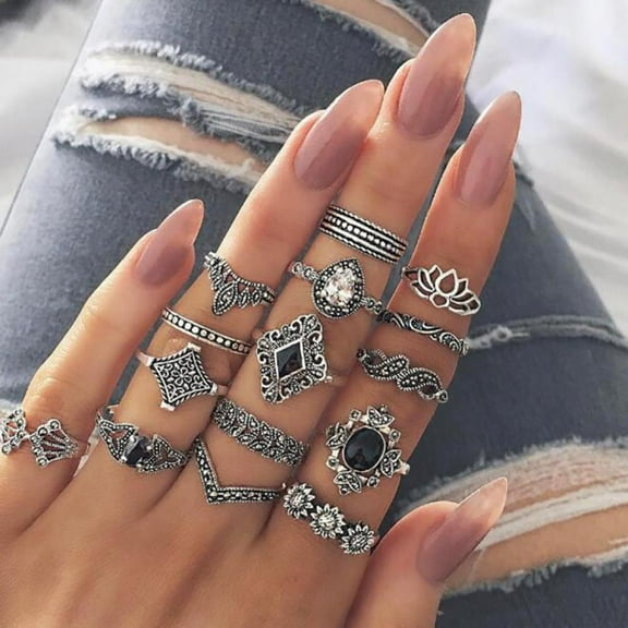 15 Piece Retro Boho Rhinestones Rings Set Vintage Silver Statement Jewellery Individual Black Crystals Ring Bohemian Rings Set for Women