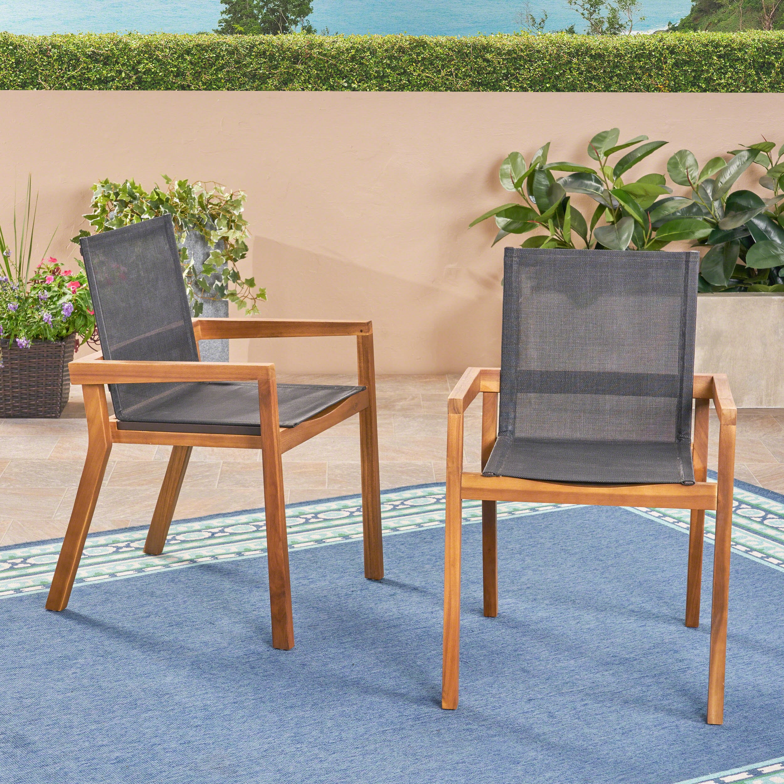 Outdoor Dining Chairs, Patio Chairs Set of 2, Acacia Wood Frame and Black Mesh Seating with Armrests, Durable Furniture for Outdoor Dining or Lounge Area in Teak Finish