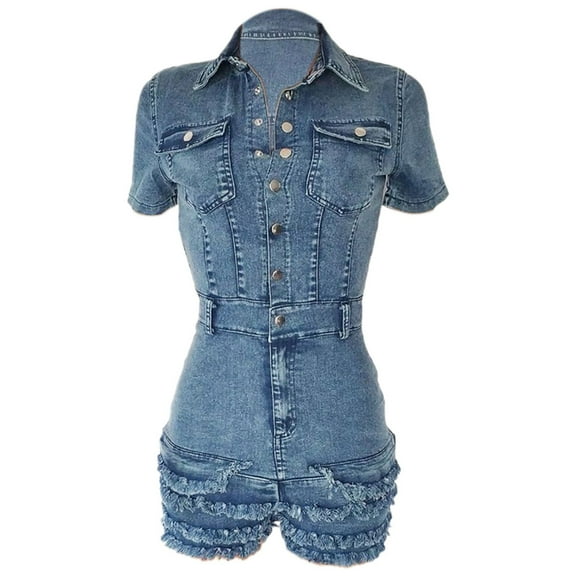 Women's Denim Jumpsuit Slim Fit Shorts Romper with Tassel Detail Button Front Stylish Casual Overalls Comfortable Fashion