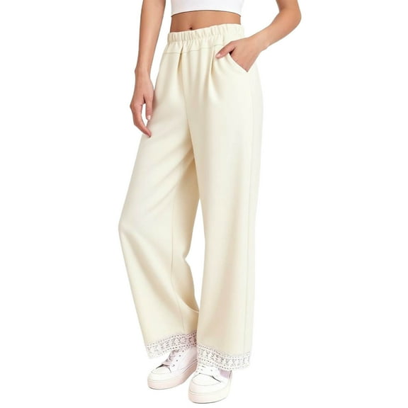 OGLCCG Girls Wide Leg Pants Casual High Waist Lace Hem Flowy Palazzo Pants Lightweight Staight Leg Cotton Trousers with Pockets 1-13 Years