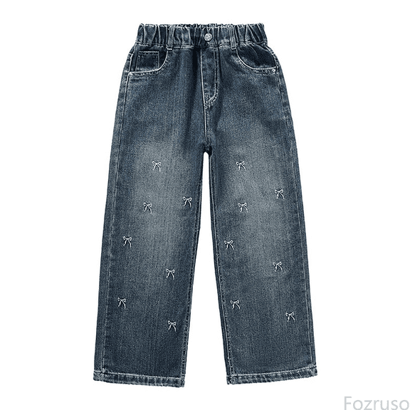 Fozruso Girls High Waisted Uniform Pants Girls Fashion Cute Personality Pants Elastic Waist Wide Leg Jeans Casual Demin Pants With Pockets Sizes 5-6 Years