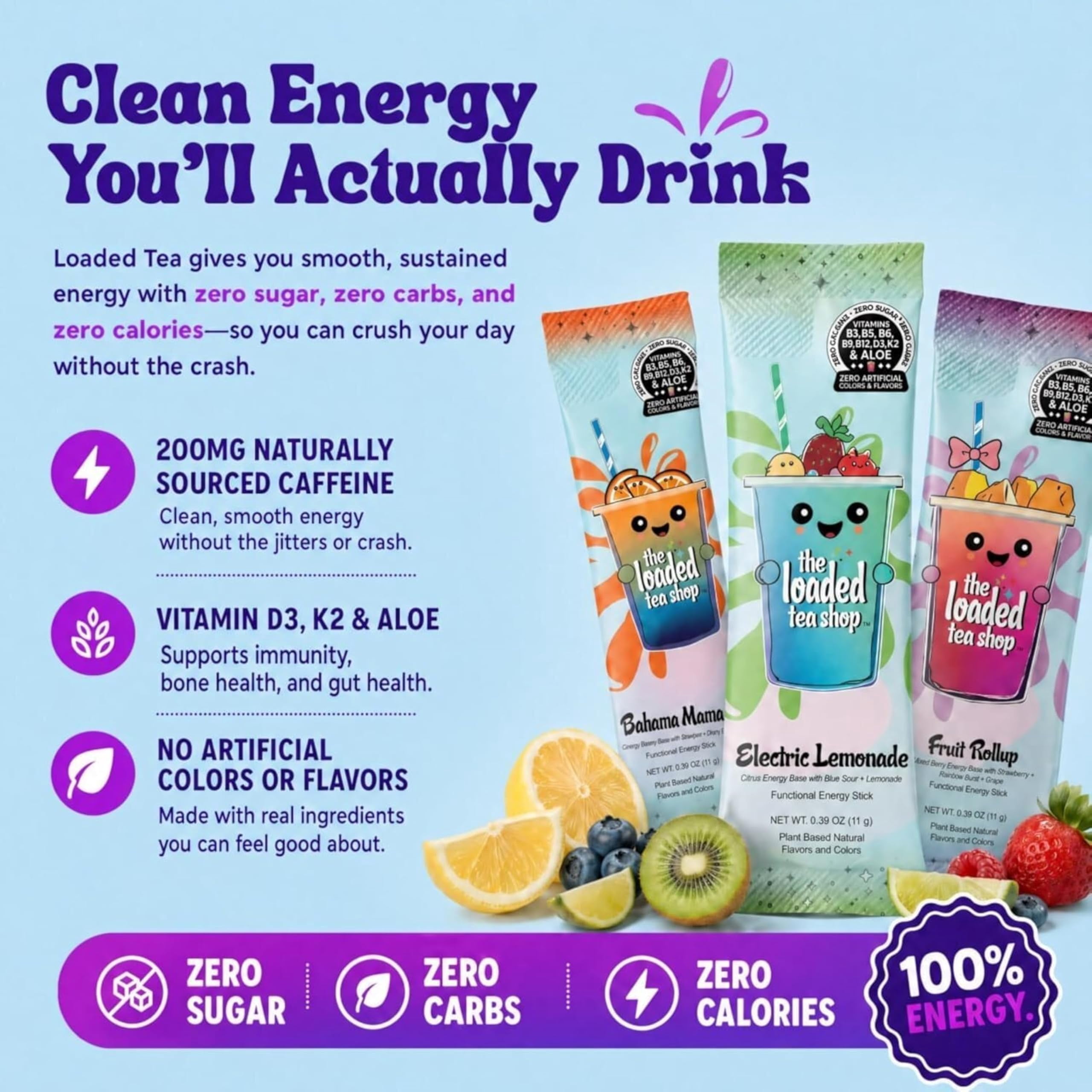 The Loaded Tea Shop Flavor Discovery Energy Drink Mix Sticks, Sugar Free, 5 Pack