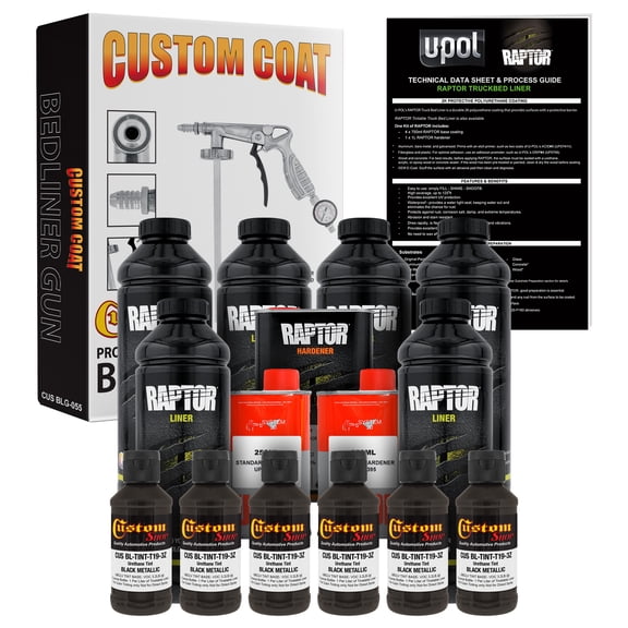 U-POL Raptor Black Metallic Urethane Spray-On Truck Bed Liner Kit w/ FREE Custom Coat Spray Gun with Regulator, 6 Liters