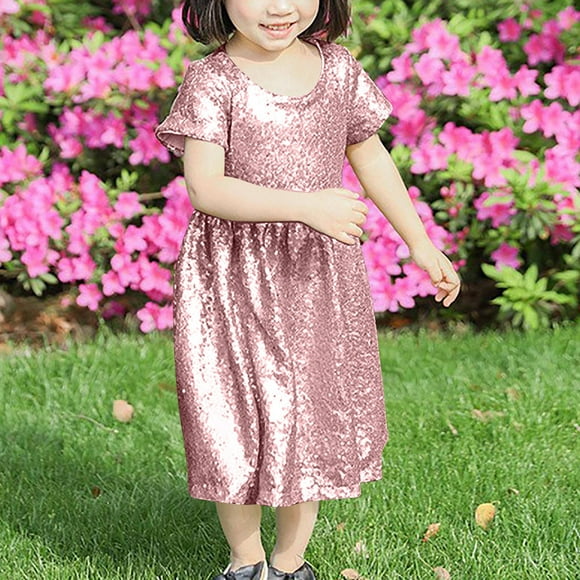 Big Discount,3-8 Year Kids Solid Color Sequin Dress, Short Sleeves, Round Neck, Zipper Front, Fashionable Party Wear, Casual Play, Comfortable Fabric Perfect for Layering|Polyester,Rose Gold