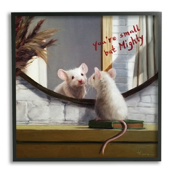 Stupell Industries Small but Mighty Sentiments Adorable Mouse in Mirror Modern Painting Black Framed Art Print Wall Art, 12 x 12, Design by Lucia Heffernan