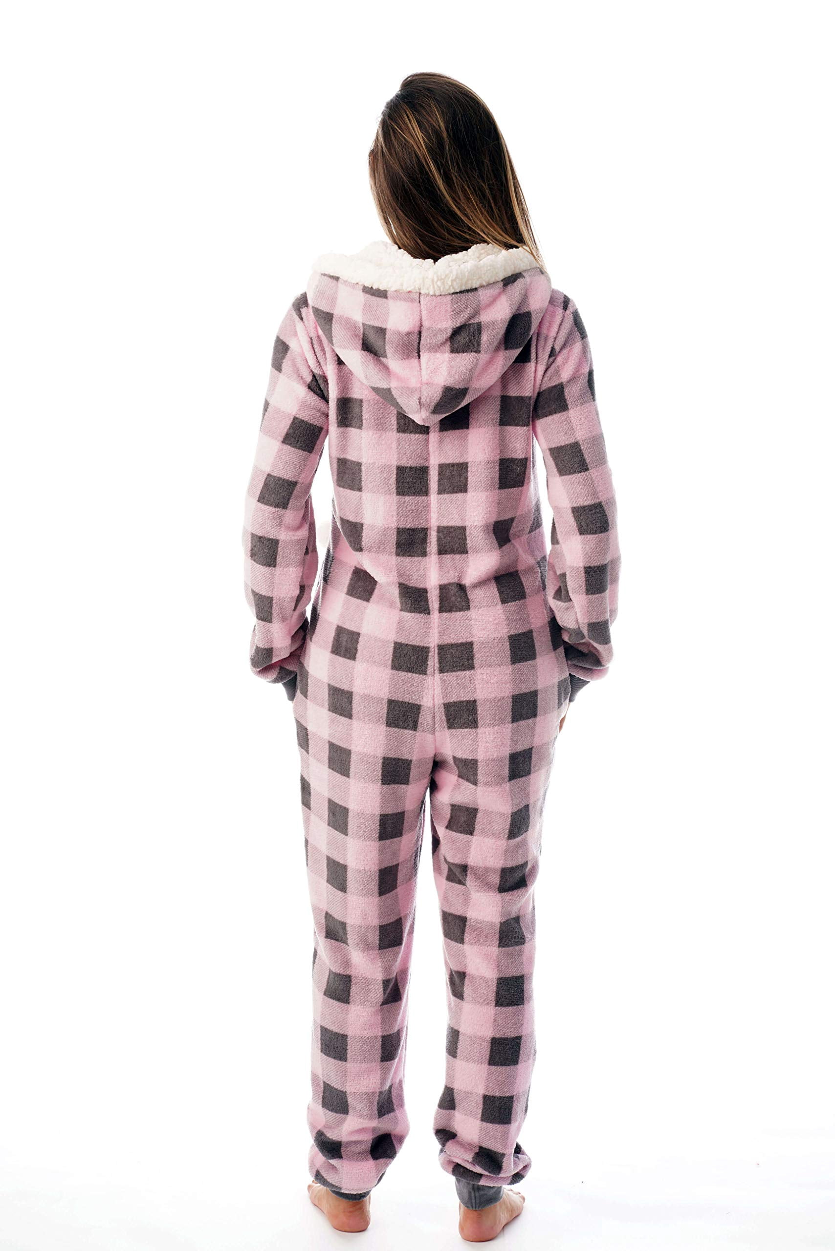 Just Love Buffalo Plaid Adult Onesie Sherpa Lined Hoody One Piece Pajamas (Pink Buffalo Plaid, X-Small)