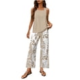 thumbnail image 2 of Nuoqisi Women's 2 Piece Outfits Solid Sleeveless Halter Top and Leaf Print Straight Leg Pants Lounge Set 2026 Summer Spring Trendy, 2 of 6