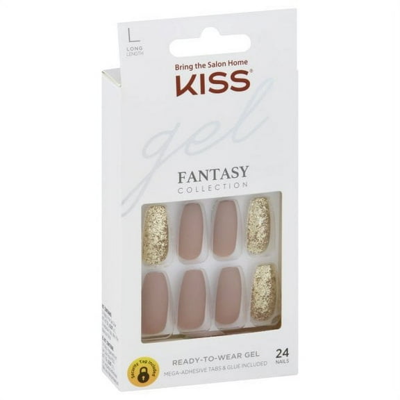 KISS Gel Fantasy Ready-to-Wear Press-On Sculpted Gel Nails, “Background”, Long, Pink and Gold, High Arch Nail Kit with 24 Mega Adhesive Tabs, Pink Gel Glue, Manicure St