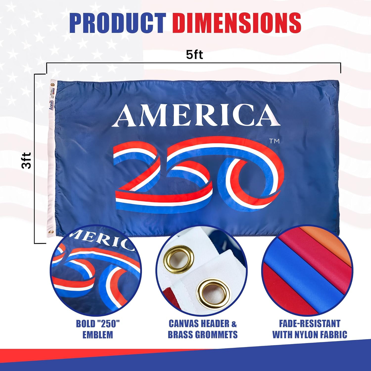 USA 250th Anniversary Flag 3ft x 5ft | USA-Made Nyl-Glo Nylon Outdoor Flag | Durable Canvas Header and Brass Grommets | UV Resistant Colors | Special Edition 250 Celebration Flag