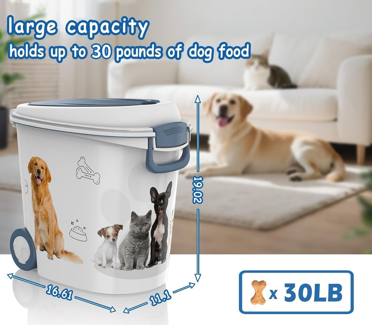 LEHOME Pet Food Storage Container with Wheels Resin 30LB Capacity Dog Food Container with Slow Feeder Bowl and Scoop Easy to Move to Keep Food Fresh for Dogs, Cats, Birds